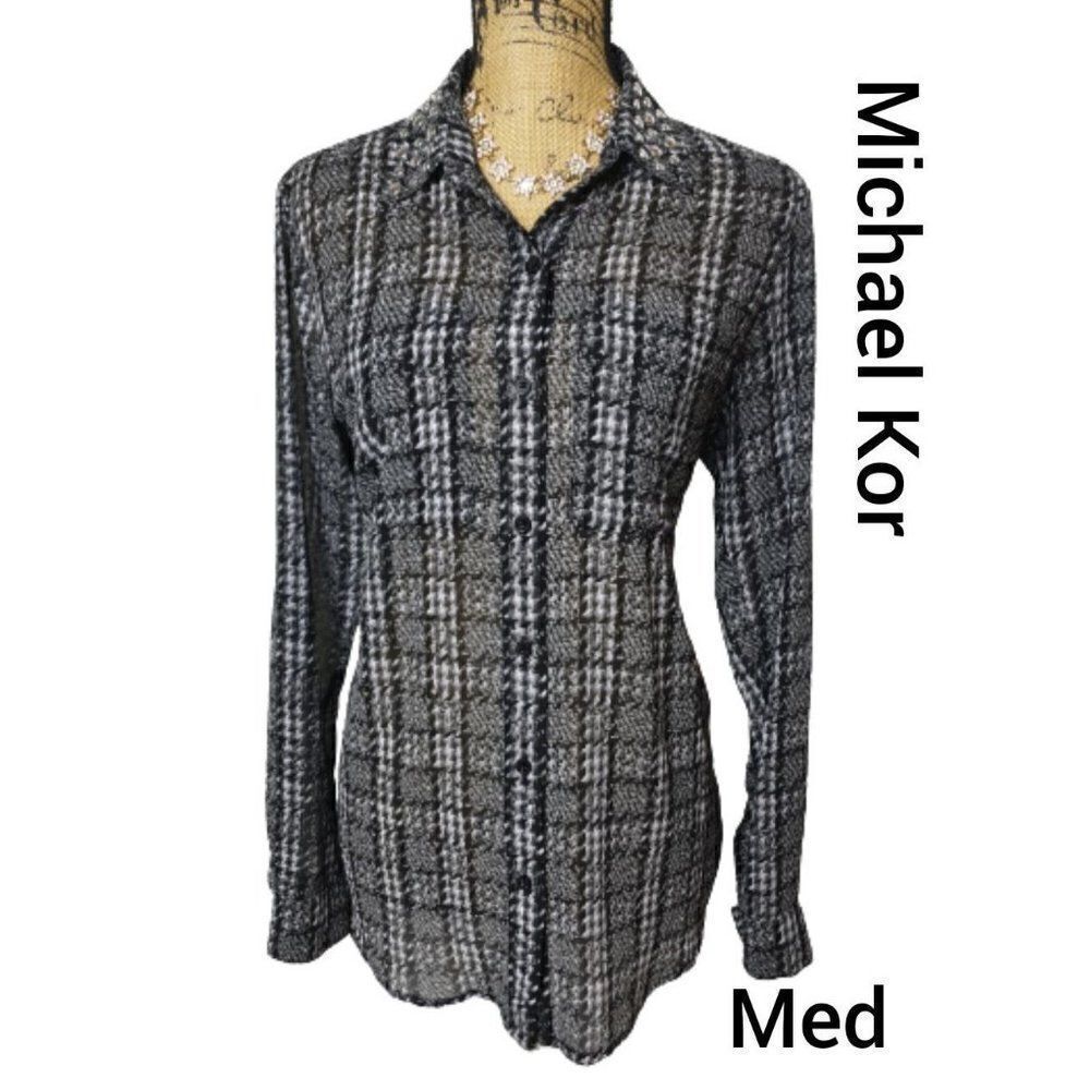 Michael Michael Kor Semi Sheer Blouse Roll Tab Sleeves Studded Med NWOT